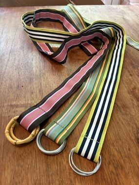 J. Crew Striped Ribbon D-Ring Belts in Pink, Green, Navy and Yellow, Brown